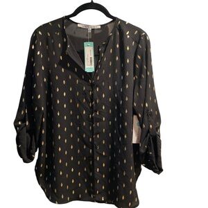 Collective Concepts Black V-neck Blouse with Gold Metallic Leaf Pattern